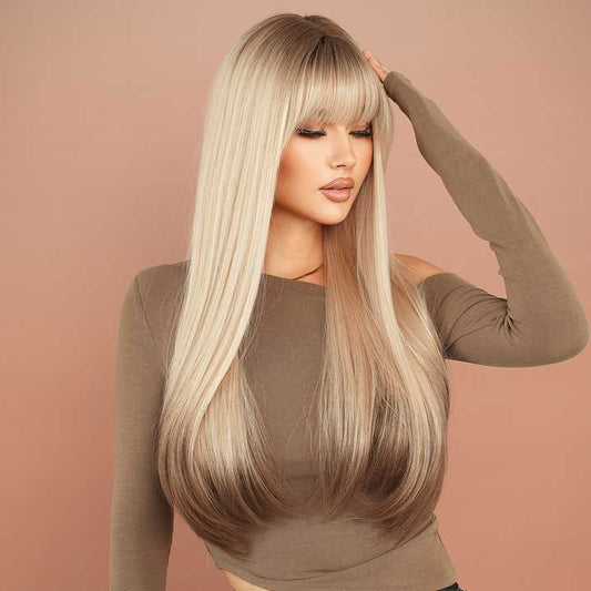Fringe wig 28in gray-white gold wig brown roots and brown ends dye natural synthetic layered highlights wig