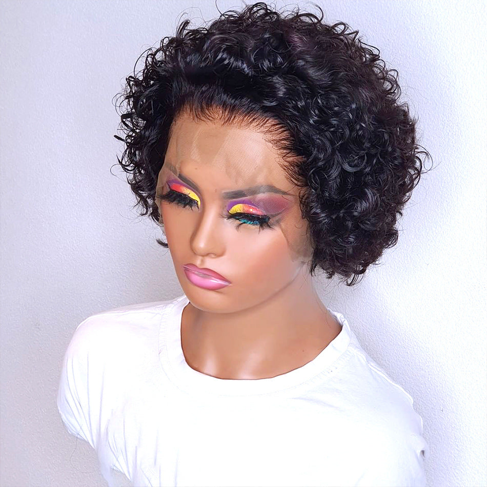 Twisted curly wig, short style, fairy cut, high-definition lace front, suitable for bangs and curly wigs.