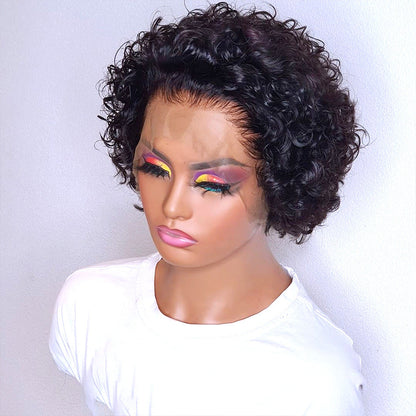 Twisted curly wig, short style, fairy cut, high-definition lace front, suitable for bangs and curly wigs.